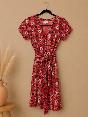 LOFT Red Floral Tie-Front Midi Dress